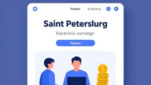 Футуристический пейзаж Санкт-Петербурга с символами цифровых финансов для обмена электронных валют в ВМ Петербург